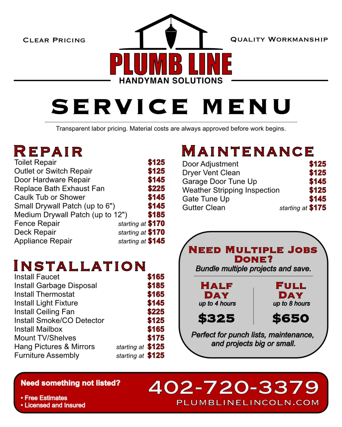 Plumb Line service menu listing prices for repair, maintenance, installation, half-day, and full-day handyman services